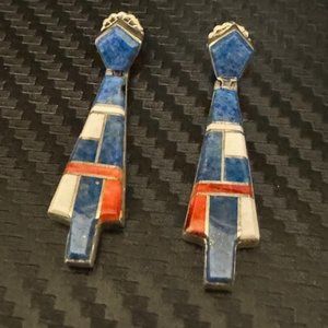 BGM STERLING INLAY LAPIS, SPINY OYSTER HOWLITE DROP DANGLE EARRINGS VINT…